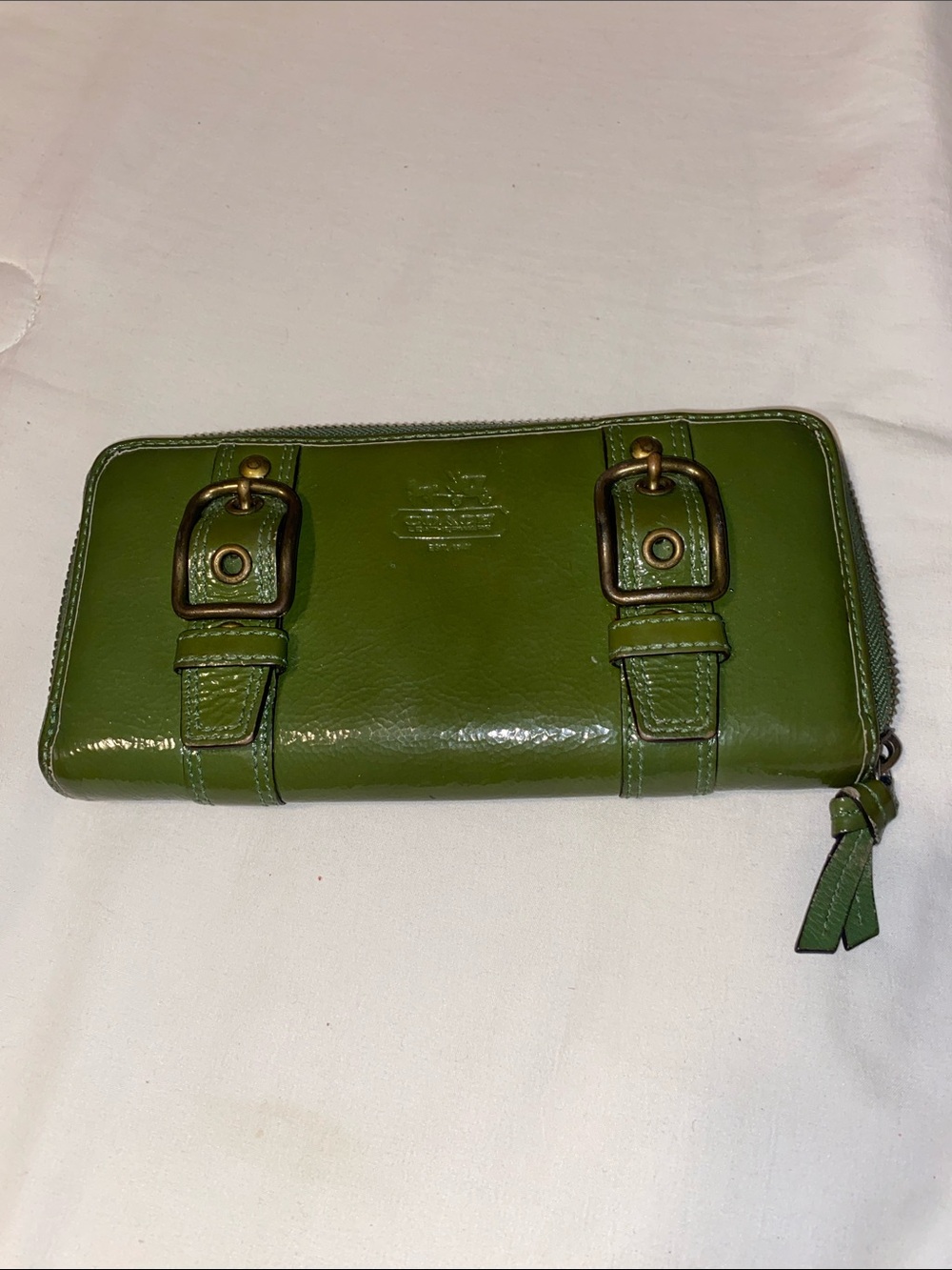 Coach Green Leather Zip Wallet with Buckle Accents